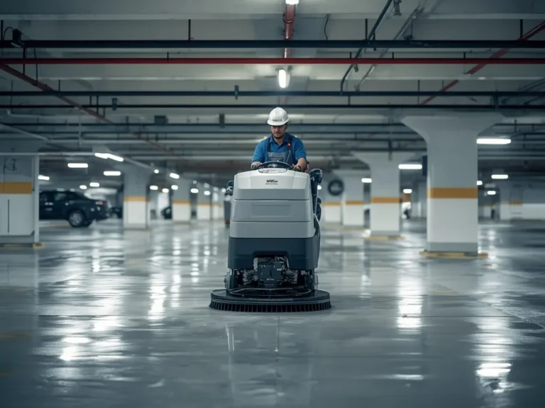 lucid-origin_professional_photo_of_industrial_cleaning_worker_cleaning_a_parking_garage_floor-3